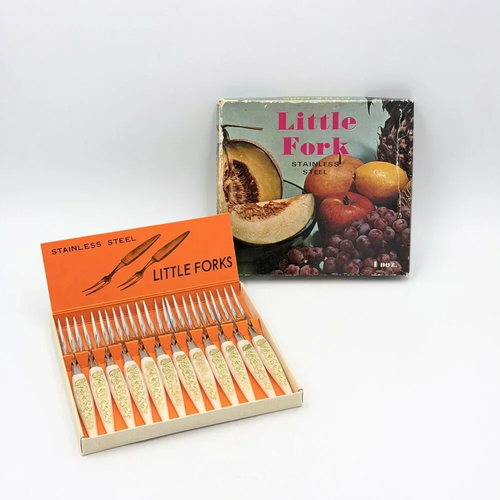 Vintage Set of 12 Stainless Steel Little Forks Cocktail Appetizer Picks Gold